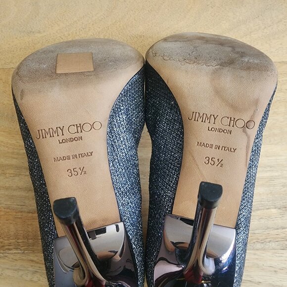 Jimmy Choo Pumps Shoes Womens Size 35.5 Black Silver Glitter Heels Italy Party - Picture 10 of 11